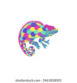 Vector illustration on a white background with a chameleon with horns and a bright camouflage pattern in neon colors. Perfect for design with exotic lizards