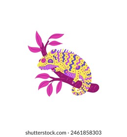 Vector illustration on a white background with a cute chameleon with a yellow color and a bright pattern of blue and pink lines sitting on a tree branch