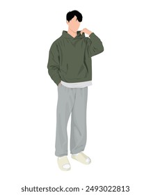 Vector illustration on a white background. A man in a green hoodie and gray pants, complemented by white sneakers. Cozy and fashionable look.