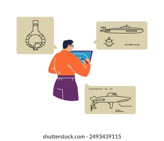 Vector illustration on a white background with a marine engineer who is working at a tablet on drawings of a submarine, for the design of engineering projects