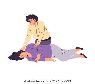 Vector illustration on a white background depicting first aid during an epileptic seizure: a girl lies unconscious, a man helps her by turning her on her side