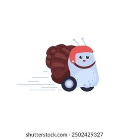 Vector illustration on a white background of a snail character in a protective helmet riding fast on wheels. Cute cartoon design with brown shell and spiral horns