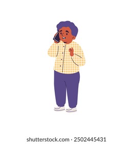 Vector illustration on a white background with a little boy talking on the phone, demonstrating the modern world of communication methods using gadgets