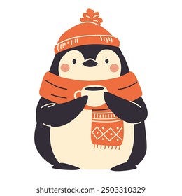 Vector illustration on white background in children's style. Cute penguin in scarf and hat drinking tea. Cute winter illustration 