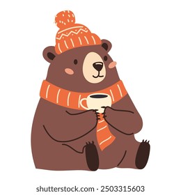 Vector illustration on white background in children's style. Cute bear drinking tea with hat and scarf. Cute winter illustration 