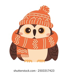 Vector illustration on white background in children's style. Cute owl in winter hat and scarf. Cute winter illustration 