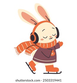 Vector illustration on white background in children's style. Cute hare in coat and scarf skating on ice skates. Cute winter illustration 