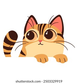 Vector illustration on white background in children's style. Cute kitten of Bengal breed looks out from behind white banner