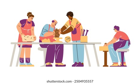 Vector illustration on a white background with sculpture teachers who help adults work with clay using a potter's wheel. Art therapy for relaxation