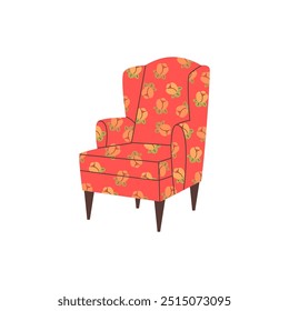Ilustração vetorial sobre um fundo branco de uma poltrona estilo retro, decoração com padrões florais em tecido macio. Ideal para casa, escritório ou lazer.