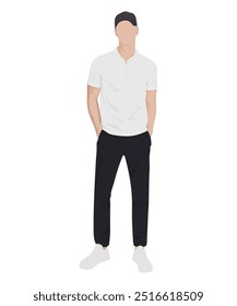 Vector illustration on a white background. A man in a white t-shirt and black pants. Minimalist style.