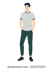 Ilustração vetorial em um fundo branco. Um homem de camisa branca e calças pretas. Estilo minimalista.