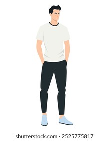Vector illustration on a white background. A man in a white t-shirt and black pants. Minimalist style.