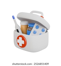 Ilustração vetorial em um kit de primeiros socorros 3d de fundo branco com um termômetro e medicamentos para situações de emergência, fornecendo acesso imediato a assistência médica.