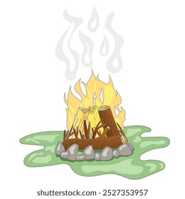 Ilustración vectorial sobre fondo blanco. Hoguera en la naturaleza, picnic. Ilustración con contorno lineal delgado. La leña arde con fuego brillante.