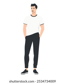 Vektorgrafik auf weißem Hintergrund. Ein Mann in einem weißen T-Shirt und einer schwarzen Hose. Minimalistischer Stil.