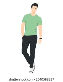 Vector illustration on white background. Man in bright green T-shirt and black pants creating fresh and energetic image.