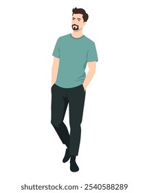 Ilustración vectorial sobre fondo blanco. Un hombre con una camisa azul claro y pantalones oscuros, enfatizando el estilo y la sofisticación.