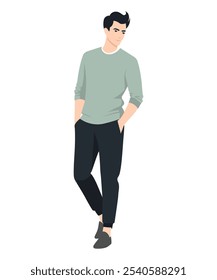 Vector illustration on a white background. A man in a dark blue T-shirt and black trousers, emphasizing his sportiness and active lifestyle.