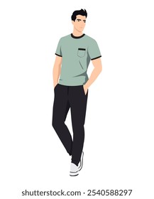 Vector illustration on a white background. A man in a light green T-shirt and dark trousers, embodying freshness and lightness. Ideal for everyday affairs and meetings.