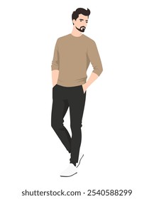 Vector illustration on a white background. A man in a beige T-shirt and black trousers, emphasizing comfort and minimalism.