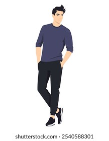 Vector illustration on a white background. A man in a dark blue T-shirt and black trousers, emphasizing his sportiness and active lifestyle.