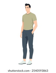 Ilustração vetorial em um fundo branco. Um homem com uma camiseta bege clara e calças cinzentas, uma pose relaxada enfatizando sua confiança e estilo.