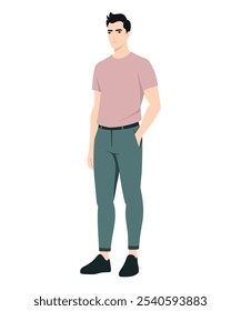 Vector illustration on a white background. A man in a pink T-shirt and green pants, radiating lightness and confidence.