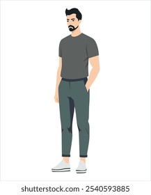 Ilustração vetorial em um fundo branco. Um homem de camiseta cinza e calças escuras, uma pose confiante, mãos nos bolsos.