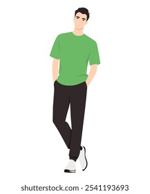 Vector illustration on white background. Man in bright green T-shirt and black pants creating fresh and energetic image.