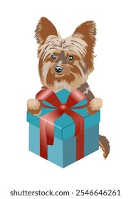 Ilustración vectorial sobre fondo blanco que representa un terrier lindo de Yorkshire con un hermoso regalo de vacaciones. Adecuado para tarjetas de felicitación, pegatinas, páginas para colorear e ilustraciones de libros.