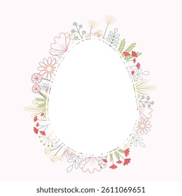 Vector illustration on white background oval frame surrounded by wreath of pink and green flowers. The flowers are drawn in a simple stylized style, the wreath is designed in a somewhat asymmetrical