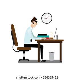 Vector illustration on white background featuring morning, office man sitting at working desk with coffee