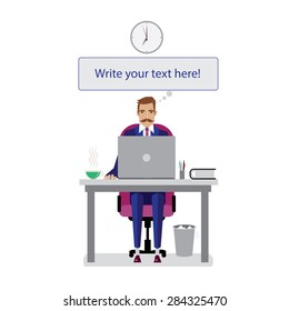 Vector illustration on white background featuring evening, cool businessman with tie and workplace with laptop and green tea