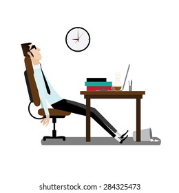 Vector illustration on white background featuring evening, tired office man sitting at working desk with coffee