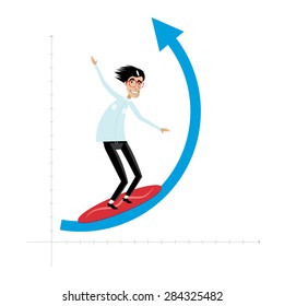 Vector illustration on white background featuring successful businessman surfing on growing arrow