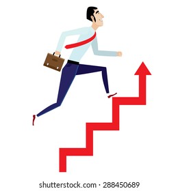 Vector illustration on white background featuring businessman running up on red arrow