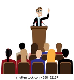 Vector Illustration On White Background Featuring Public Speaking Businessman In Front Of People