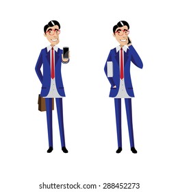 Vector illustration on white background featuring set of two businessmen with mobile phones