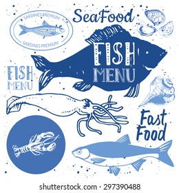 Vector illustration on white background with sketch. Hand-drawn fresh organic seafood: fish, lobster, dorado, oysters, squid, clams. Restaurant Design.