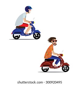 Vector illustration on white background featuring set of two motorcyclists on retro scooters, sportsman and hipster