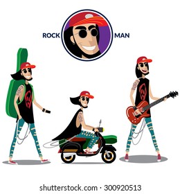 Vector illustration on white background featuring set of three rock men, walks with musical instrument in its case, rides on the retro scooter, stays and plays