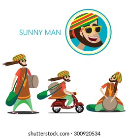 Vector illustration on white background featuring set of three rasta sunny man, walking with drum and bag, riding on a retro scooter, sitting and plays