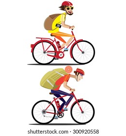 Vector illustration on white background featuring set of two bicyclists, street and mountain