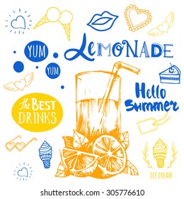 Vector illustration on white background with lemonade. Summer poster with yellow and blue  sketch of drink. Restaurant Design. Doodling.