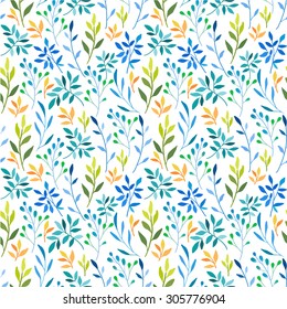 Vector illustration on white background with pattern of leaves. Seamless floral green, yellow and blue pattern.
