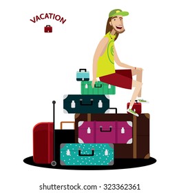 Vector illustration on white background featuring traveler sitting on a mountain of different luggage