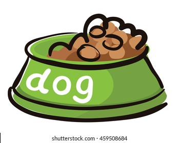 Vector illustration on a white background. Dog food in a bowl.