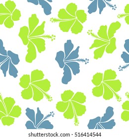 Vector illustration on a white background. Summer hawaiian seamless pattern with tropical plants and hibiscus flowers in blue and green colors.