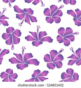 Vector illustration on a white background. Summer hawaiian with tropical plants and hibiscus flowers in violet and pink colors.